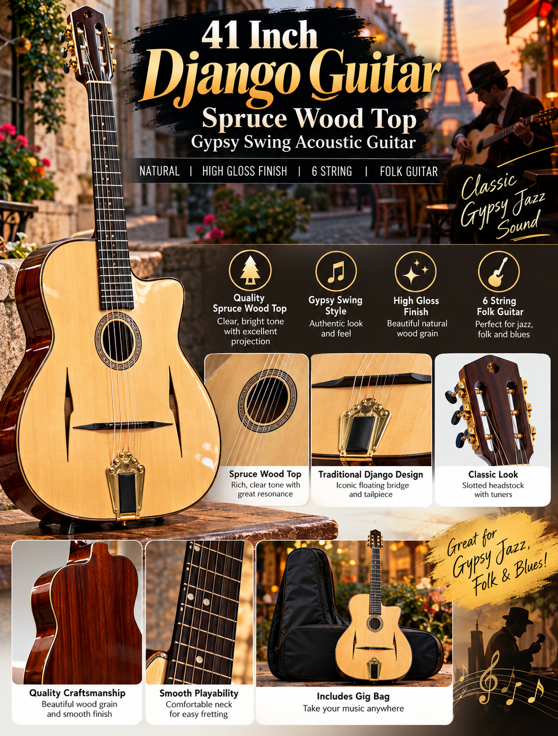 41-inch Django-style gypsy swing acoustic guitar promotional image