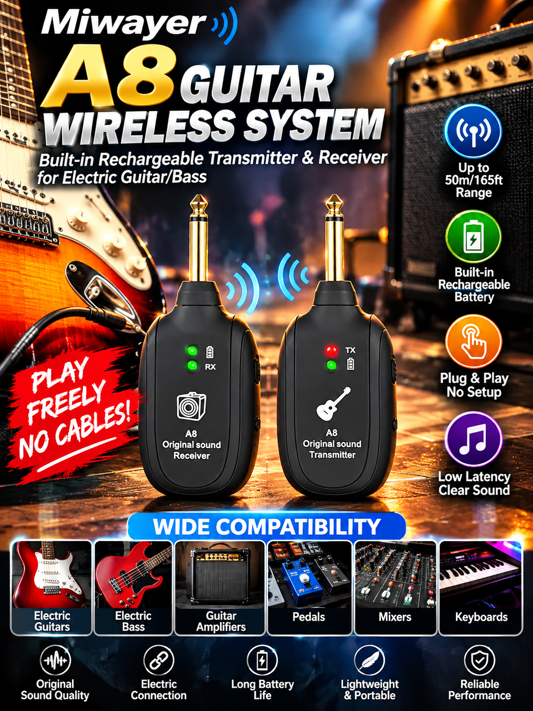 Miwayer A8 guitar wireless transmitter and receiver promotional image